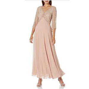 J KARA Women's 3/4 Sleeve V-Neck Beaded Top Long Gown Dress Sz 10 Blush NWT $219